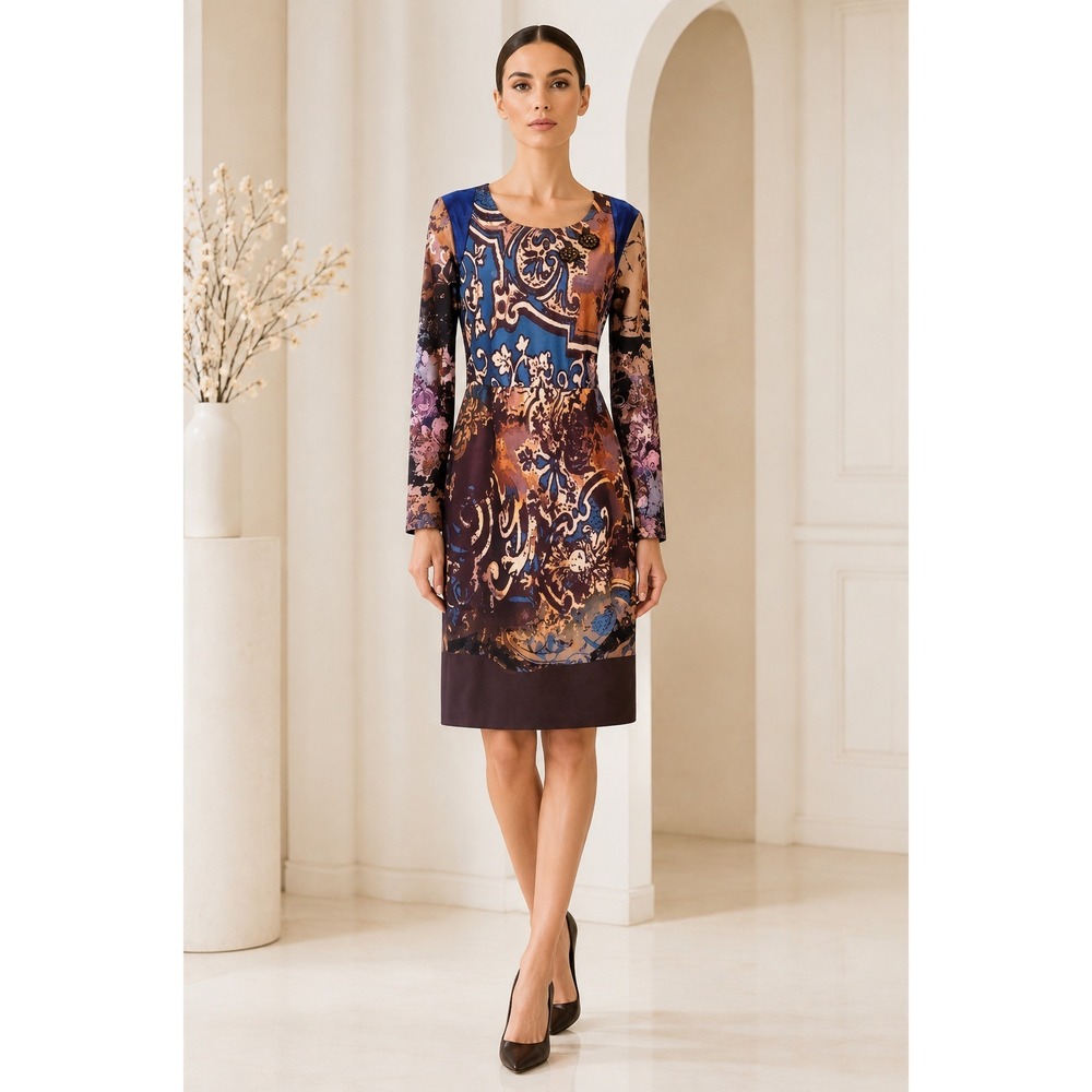 Save The Queen Italy Y2K Baroque Floral Art Print Velvet Trim Sheath Dress S
